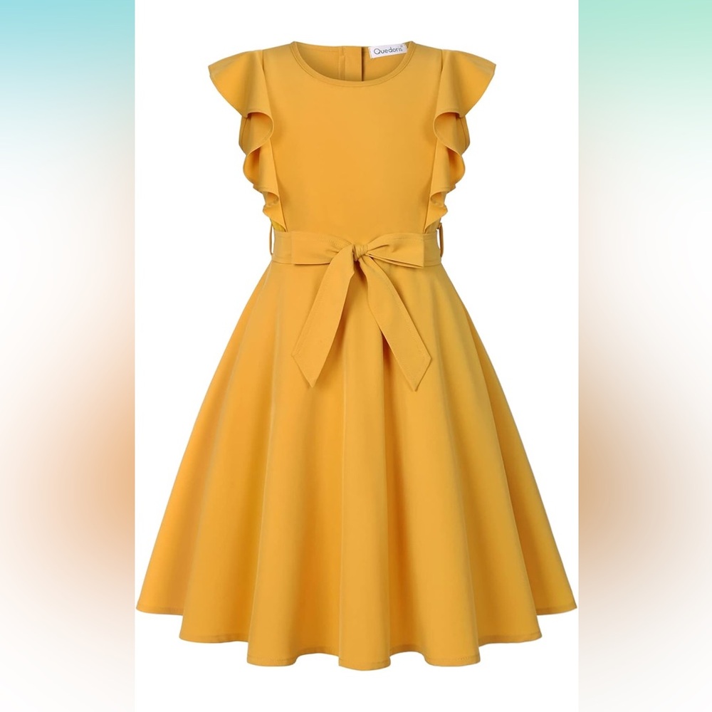 Girls Ruffle Trim Dress A-line Swing Flared Belted Casual Party Dress w/ Zipper